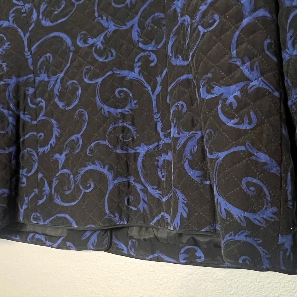 Talbots Quilted Blazer Jacket Button Up Blue Black Silk Swirl Size 14 Flaw